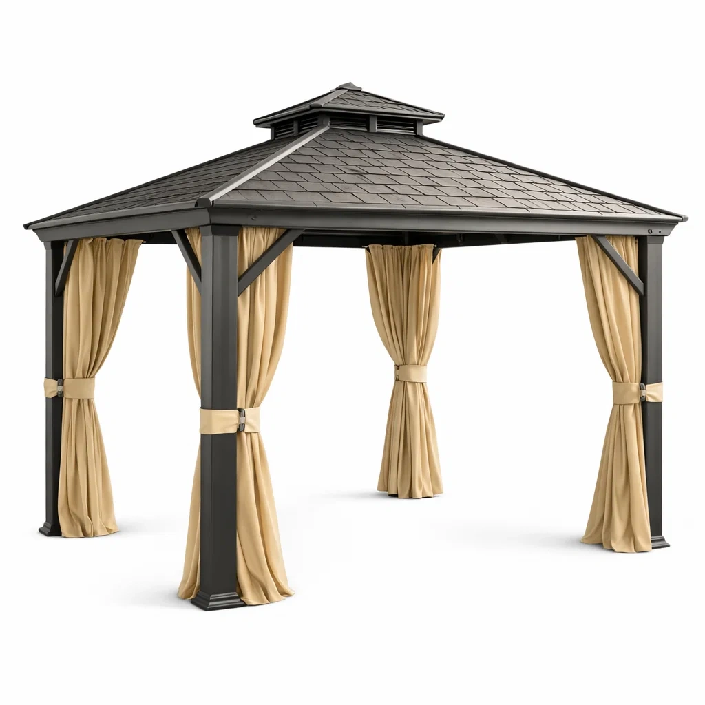 Pavillon en aluminium avec toit en acier Noir et rideaux Beiges-DREAMLUXENEST
