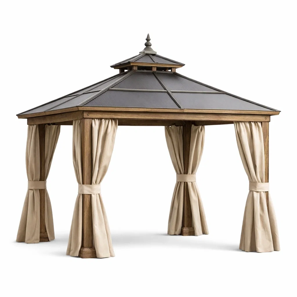 Pavillon en bois et métal avec rideaux en polyester Beige-DREAMLUXENEST