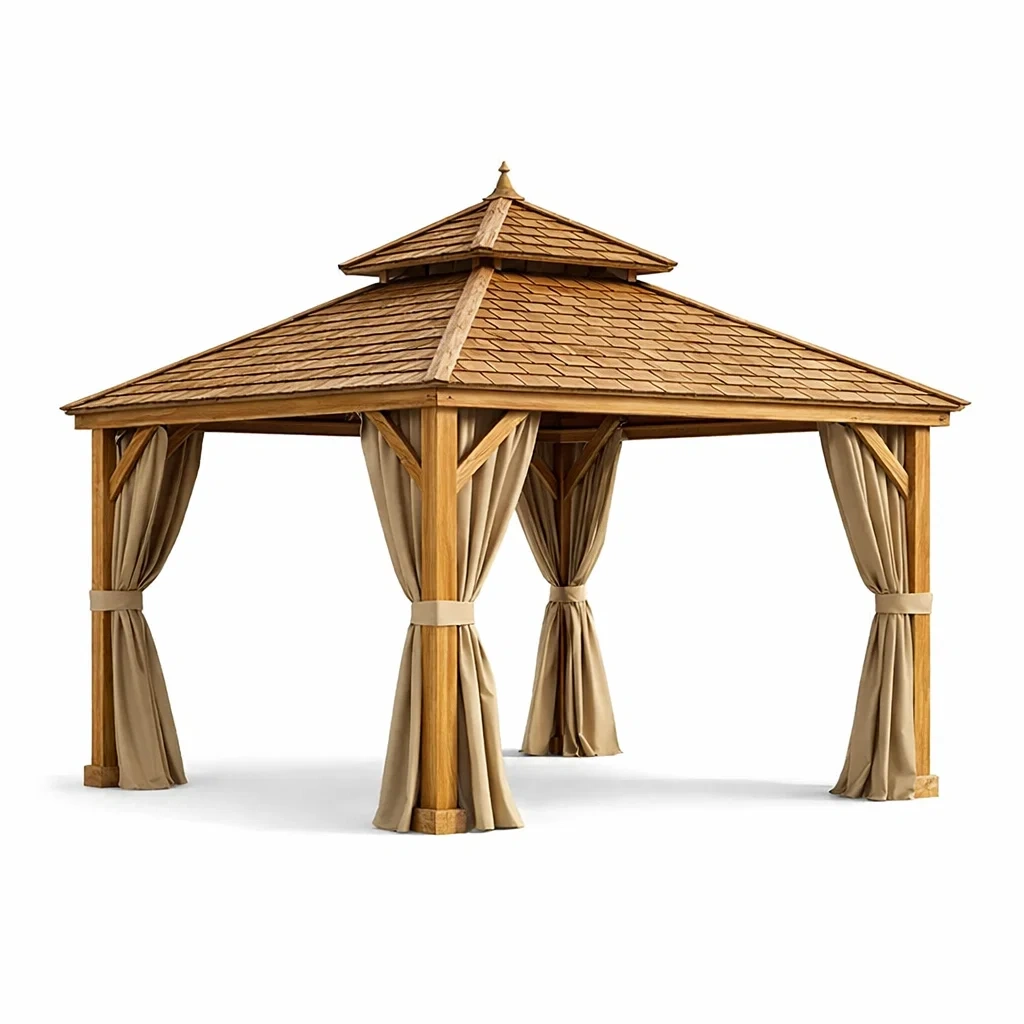 Pavillon carré en bois avec toit double et rideaux en polyester-DREAMLUXENEST