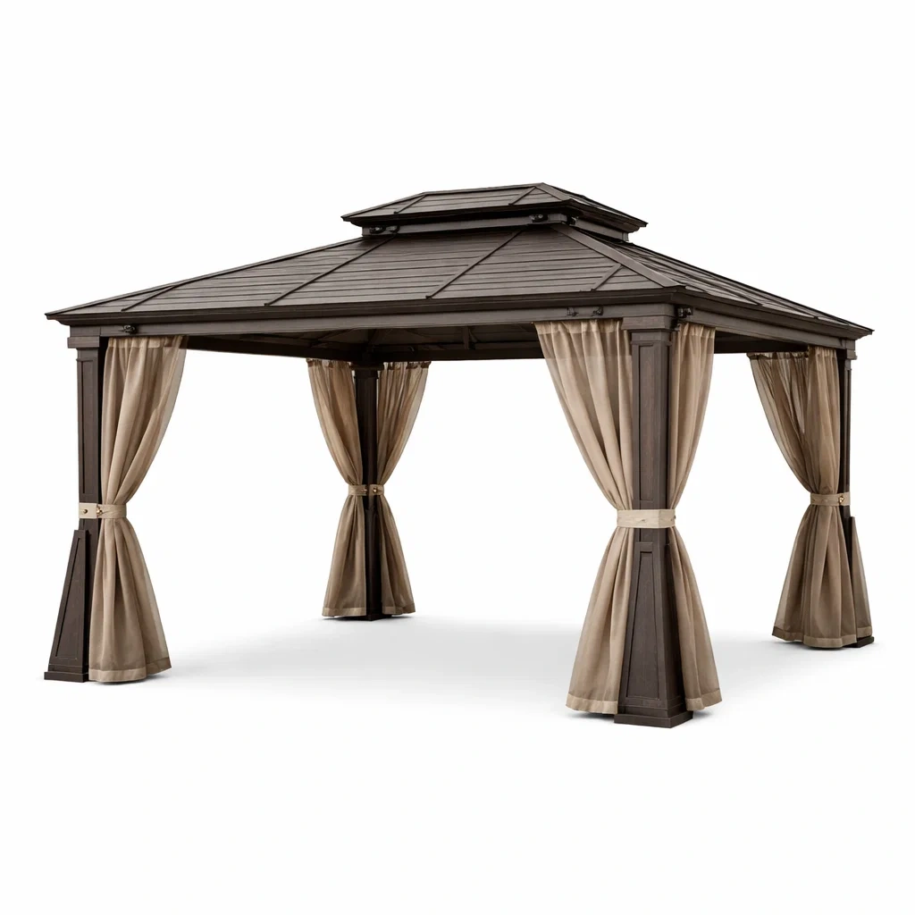Pavillon en métal avec rideaux en polyester Beige-DREAMLUXENEST