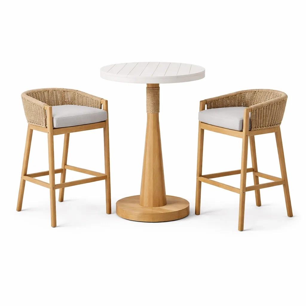 Ensemble de bar avec table haute en bois et chaises en rotin avec coussins-DREAMLUXENEST