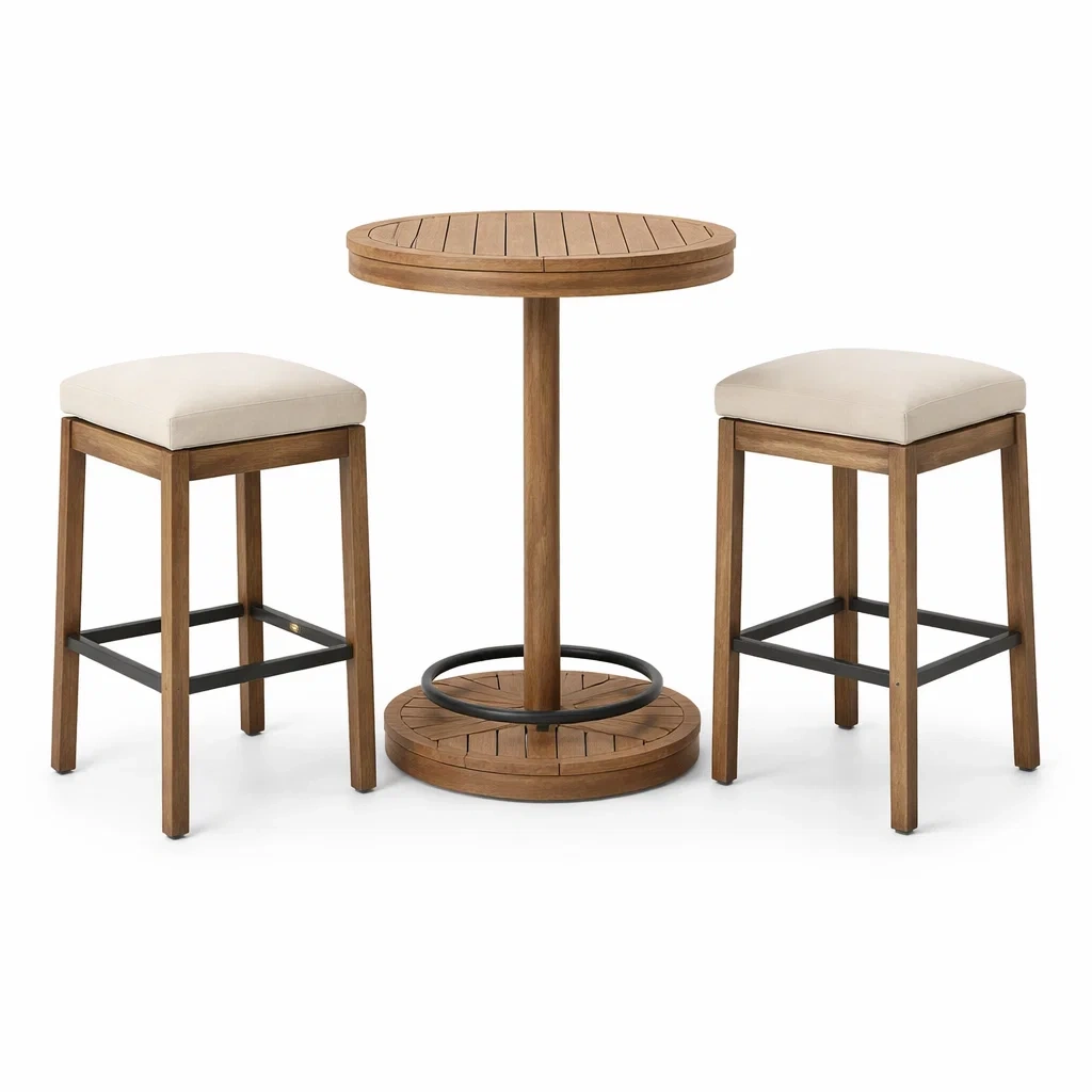 Ensemble de bar avec table haute en bois et tabourets en métal et tissu Beige-DREAMLUXENEST