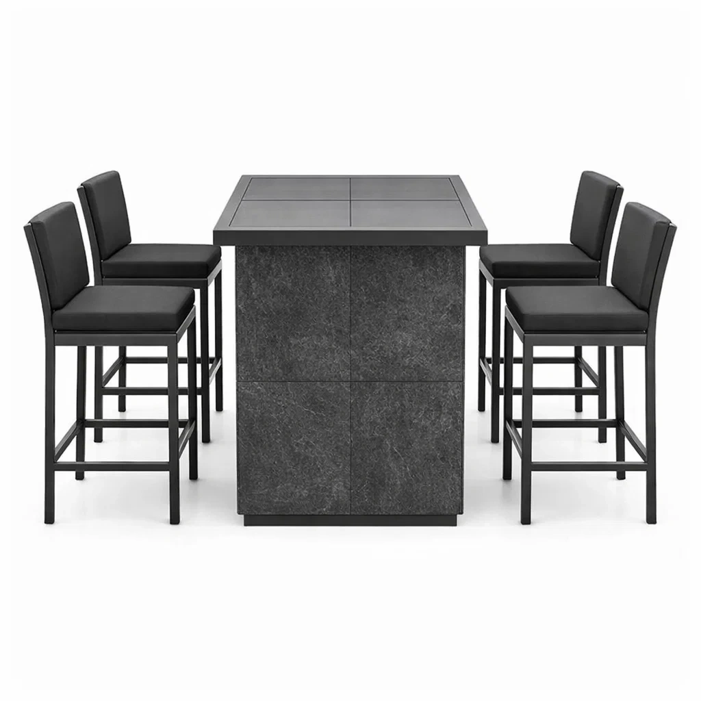 Ensemble de bar avec table en métal et verre et 6 chaises en acier et similicuir Noir-DREAMLUXENEST