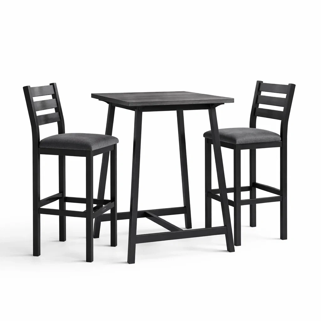 Ensemble de bar avec table haute et chaises en bois et tissu Noir Gris-DREAMLUXENEST