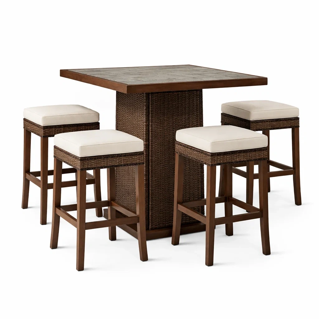 Ensemble de bar avec table haute carrée en bois et rotin avec tabourets et coussins en polyester Crème-DREAMLUXENEST