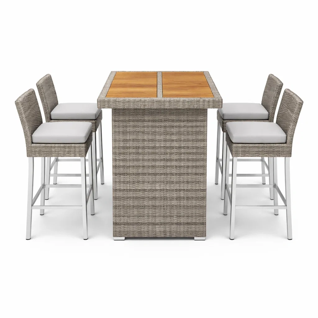Ensemble de bar en résine tressée aluminium et bois avec chaises et coussins Gris-DREAMLUXENEST