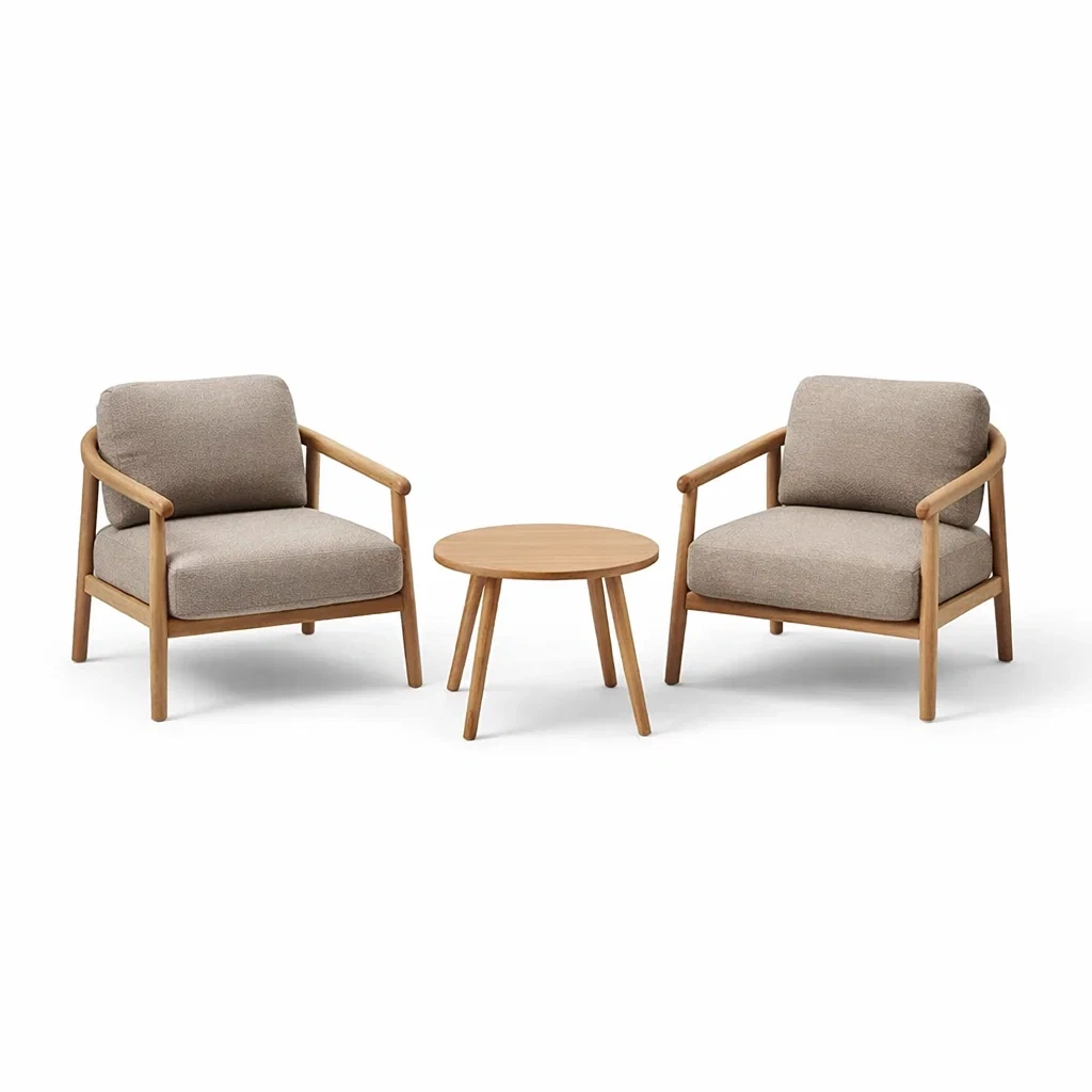 Ensemble de détente en bois et tissu Beige avec table ronde-DREAMLUXENEST