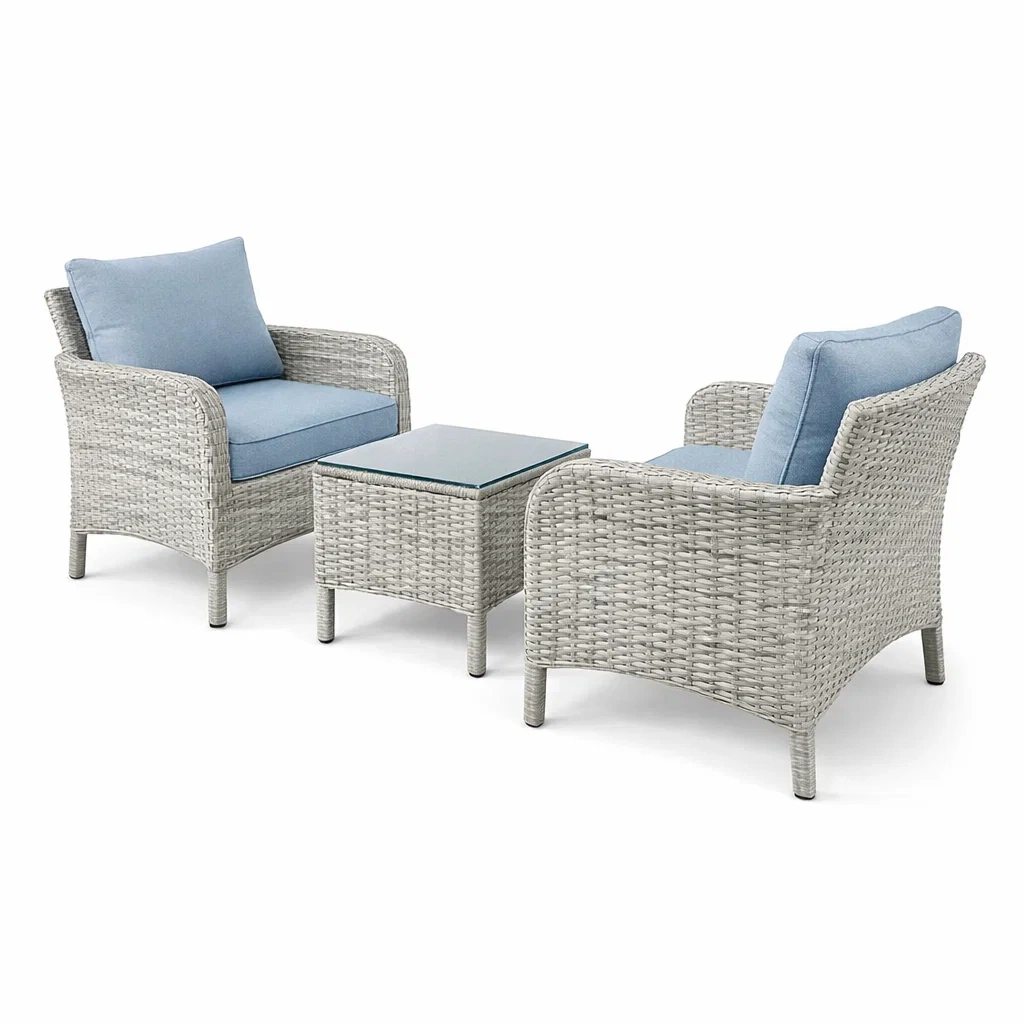 Ensemble de détente en résine tressée avec coussins Bleus et table en verre-DREAMLUXENEST