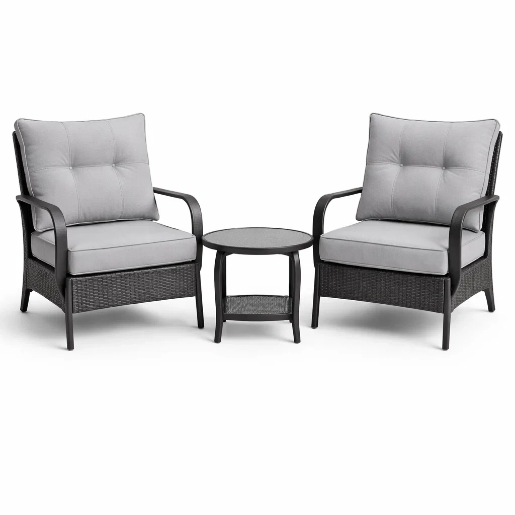 Ensemble de détente en rotin synthétique Noir avec coussins en polyester Gris 2 fauteuils et table ronde en verre trempé-DREAMLUXENEST