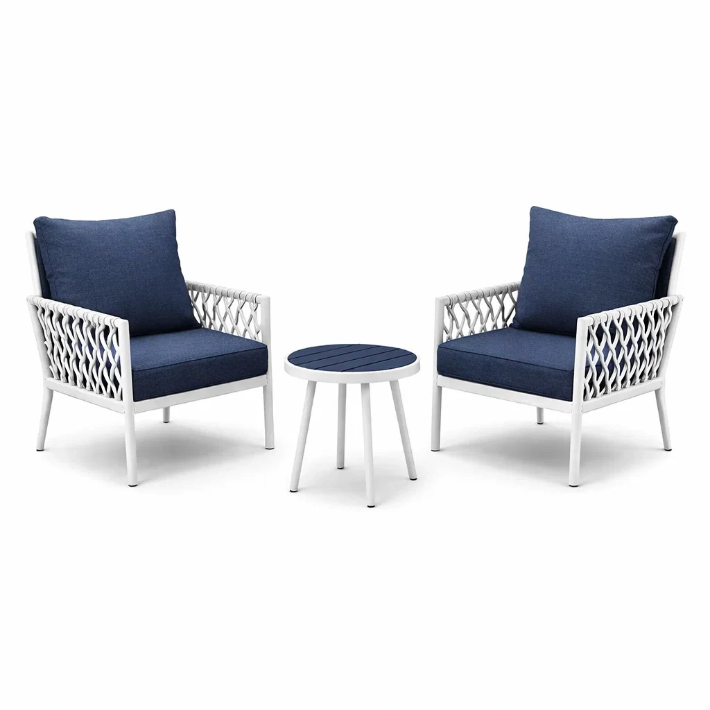 Ensemble de détente en aluminium avec coussins en polyester et table en résine Bleu Blanc-DREAMLUXENEST