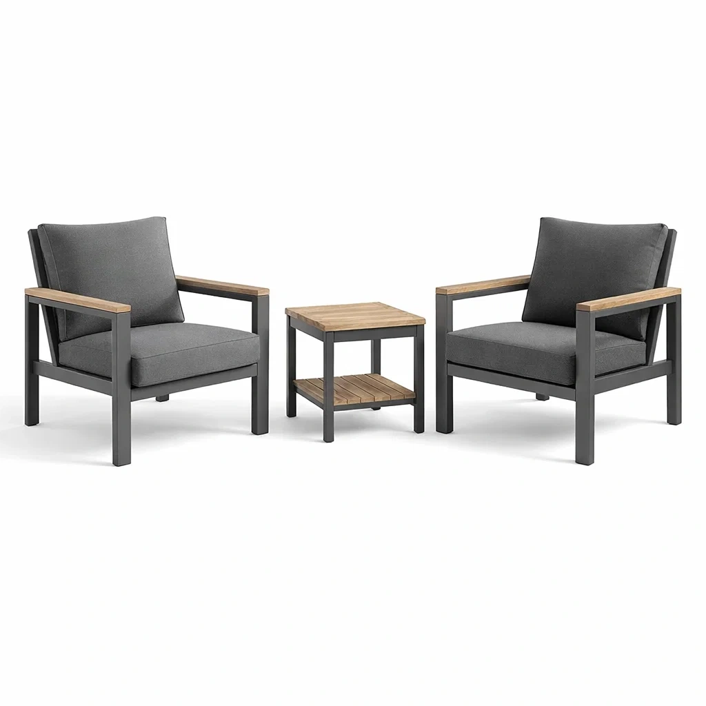Ensemble de détente en aluminium et bois avec coussins en polyester Gris-DREAMLUXENEST