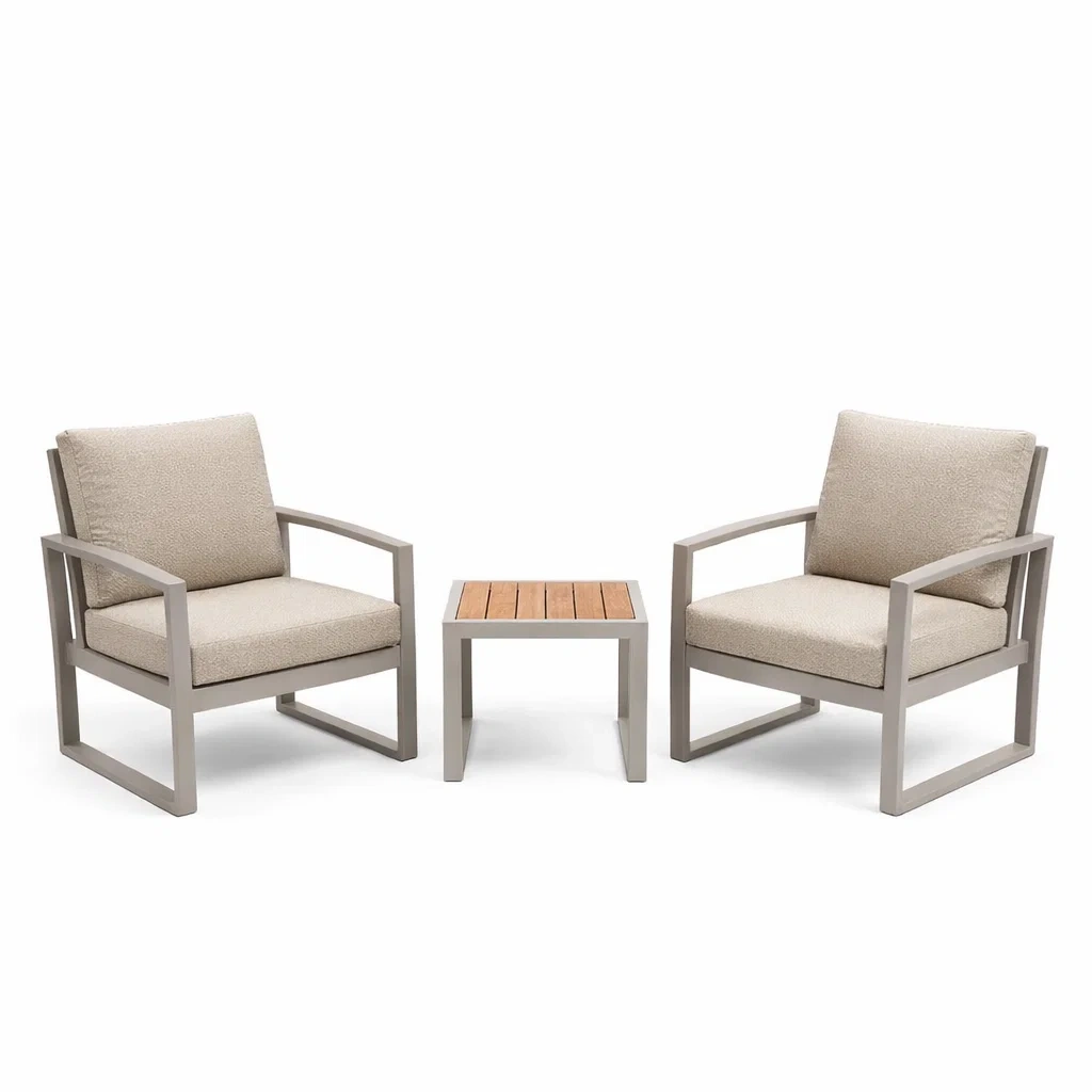 Ensemble de détente en aluminium et bois avec 2 fauteuils et 1 table Beige-DREAMLUXENEST