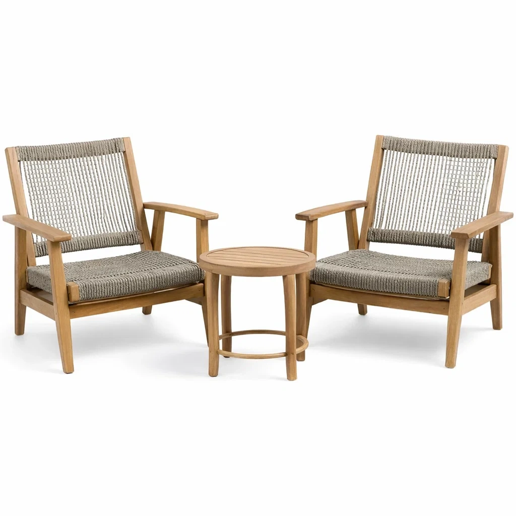 Ensemble de détente avec deux fauteuils en teck et corde et table-DREAMLUXENEST
