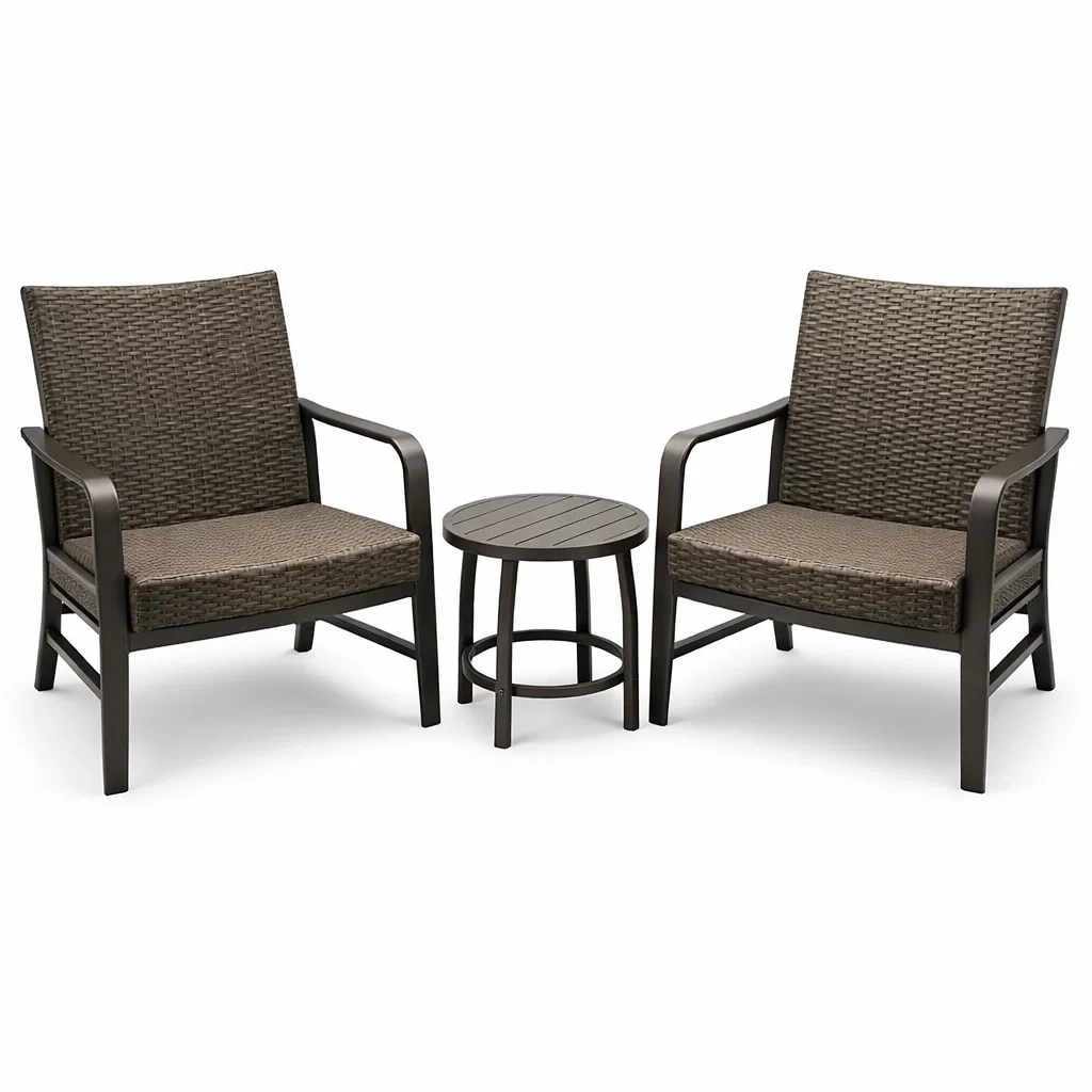 Ensemble de détente avec deux fauteuils extérieurs en aluminium et résine et table ronde-DREAMLUXENEST