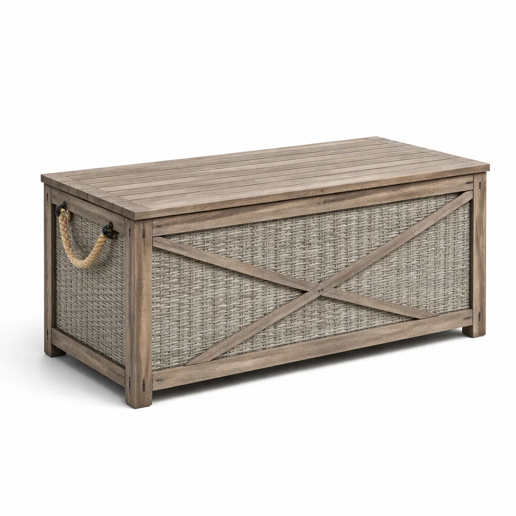 Coffre de rangement en bois et rotin synthétique avec poignées en corde-DREAMLUXENEST