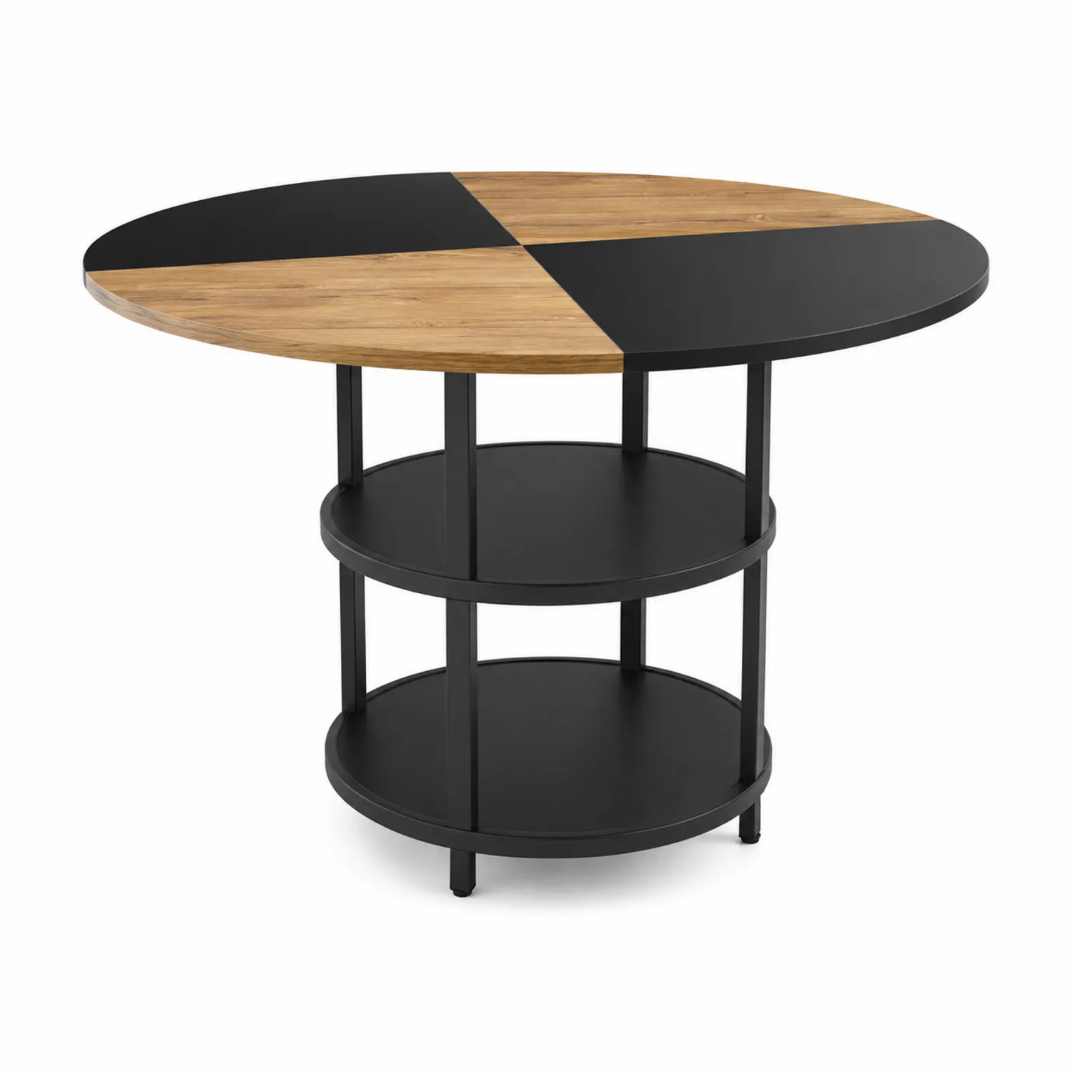 Tavolo rotondo in MDF e metallo nero e rovere chiaro