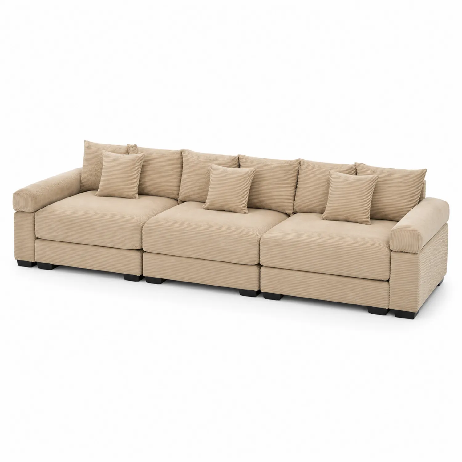 Divano modulare in velluto a coste beige a 4 posti con cuscini