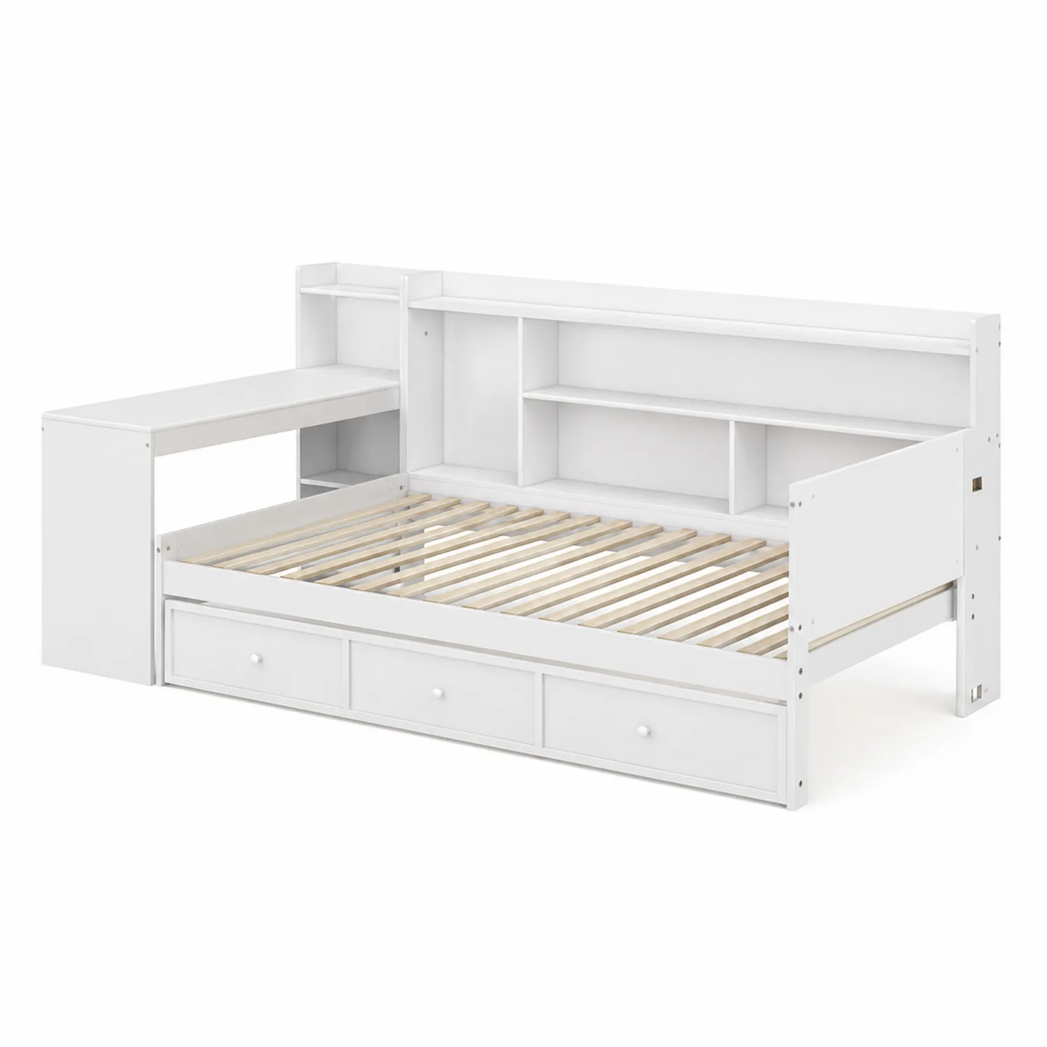 Letto in Legno Bianco con Mensole e Scrivania Integrata