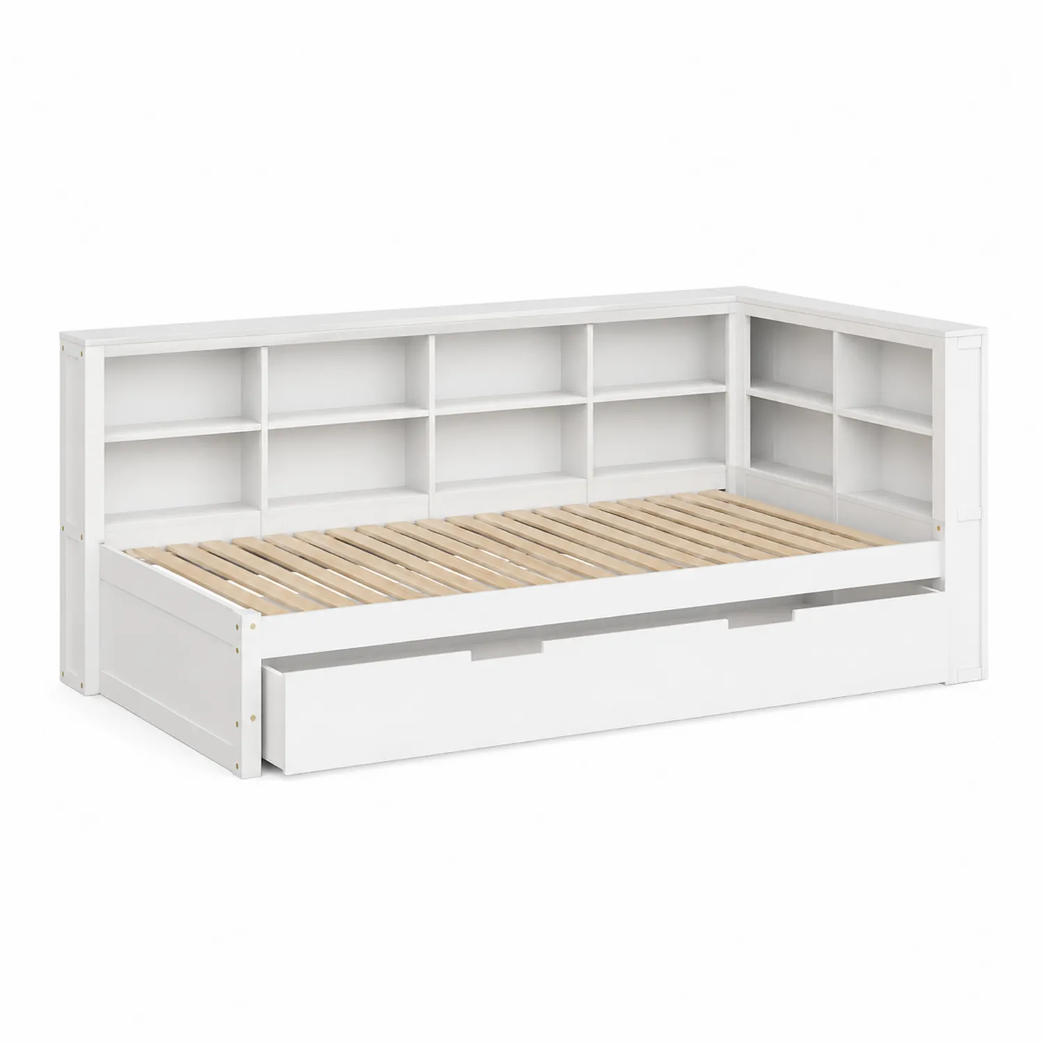 Letto da giorno con libreria integrata in legno bianco