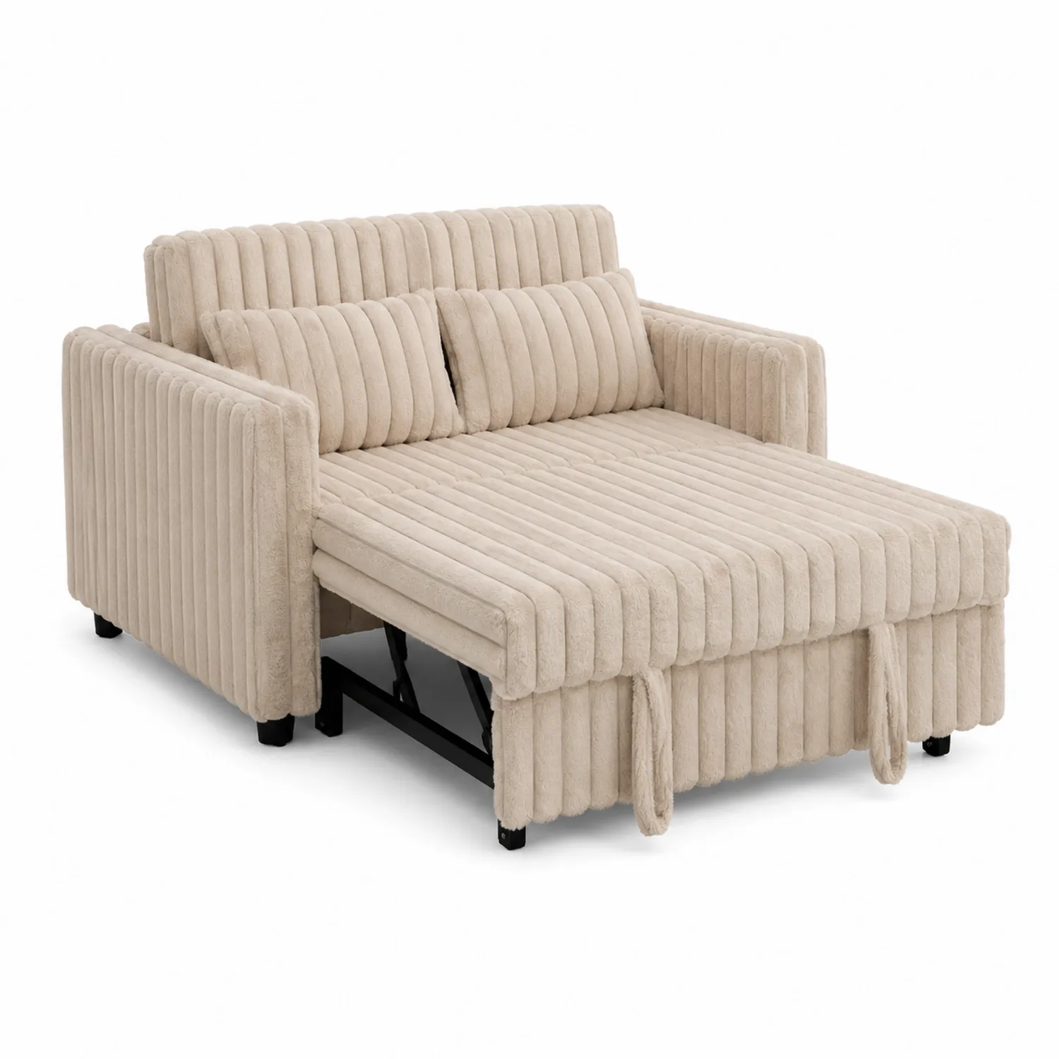 Divano Letto in Tessuto a Coste con Cuscini Beige