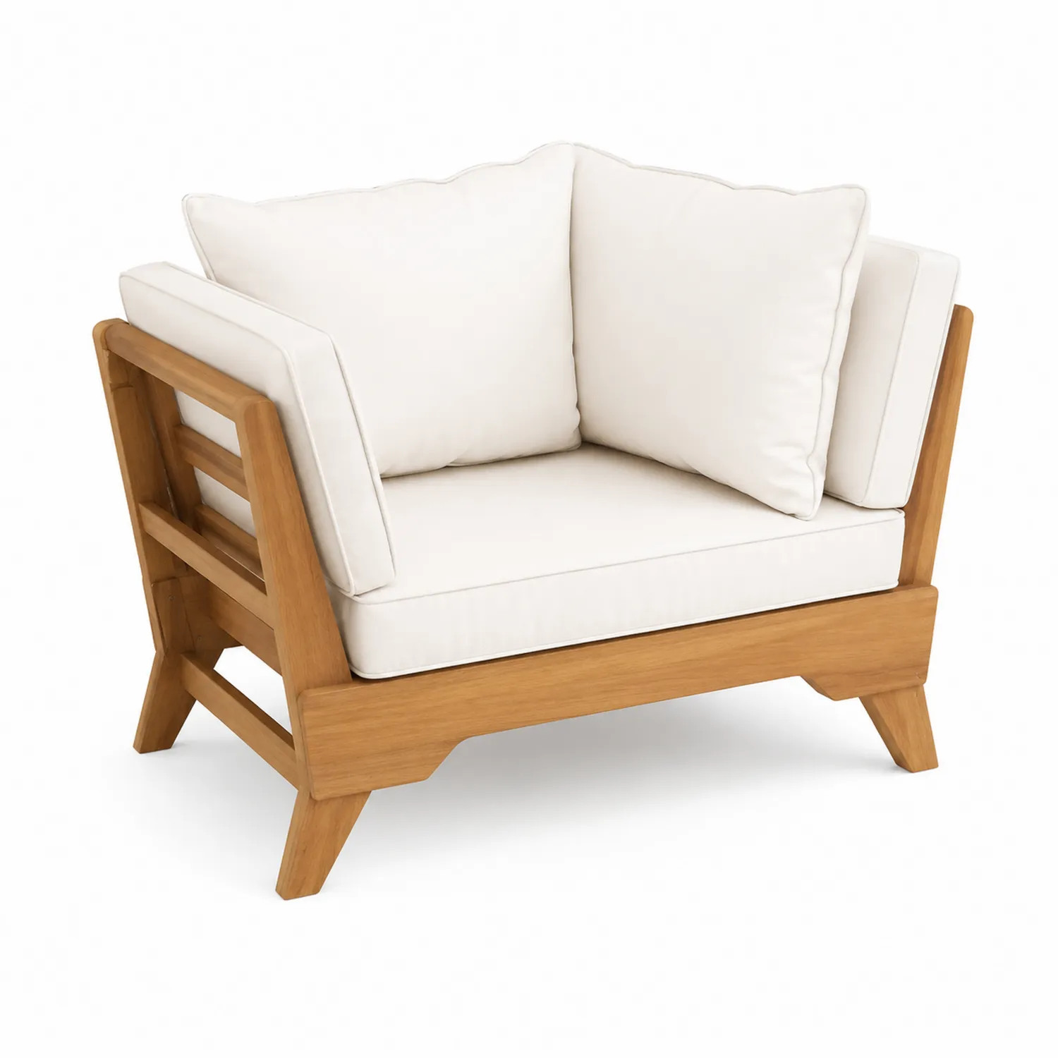 Poltrona angolare in legno di teak con cuscini bianchi