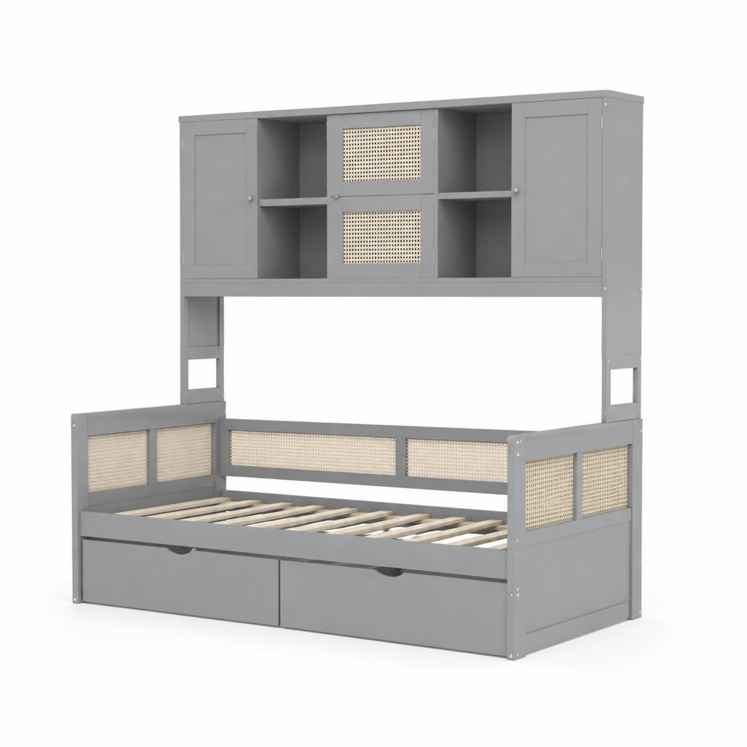 Letto da Giorno in Legno con Scaffale e Cassetti in Grigio e Rattan