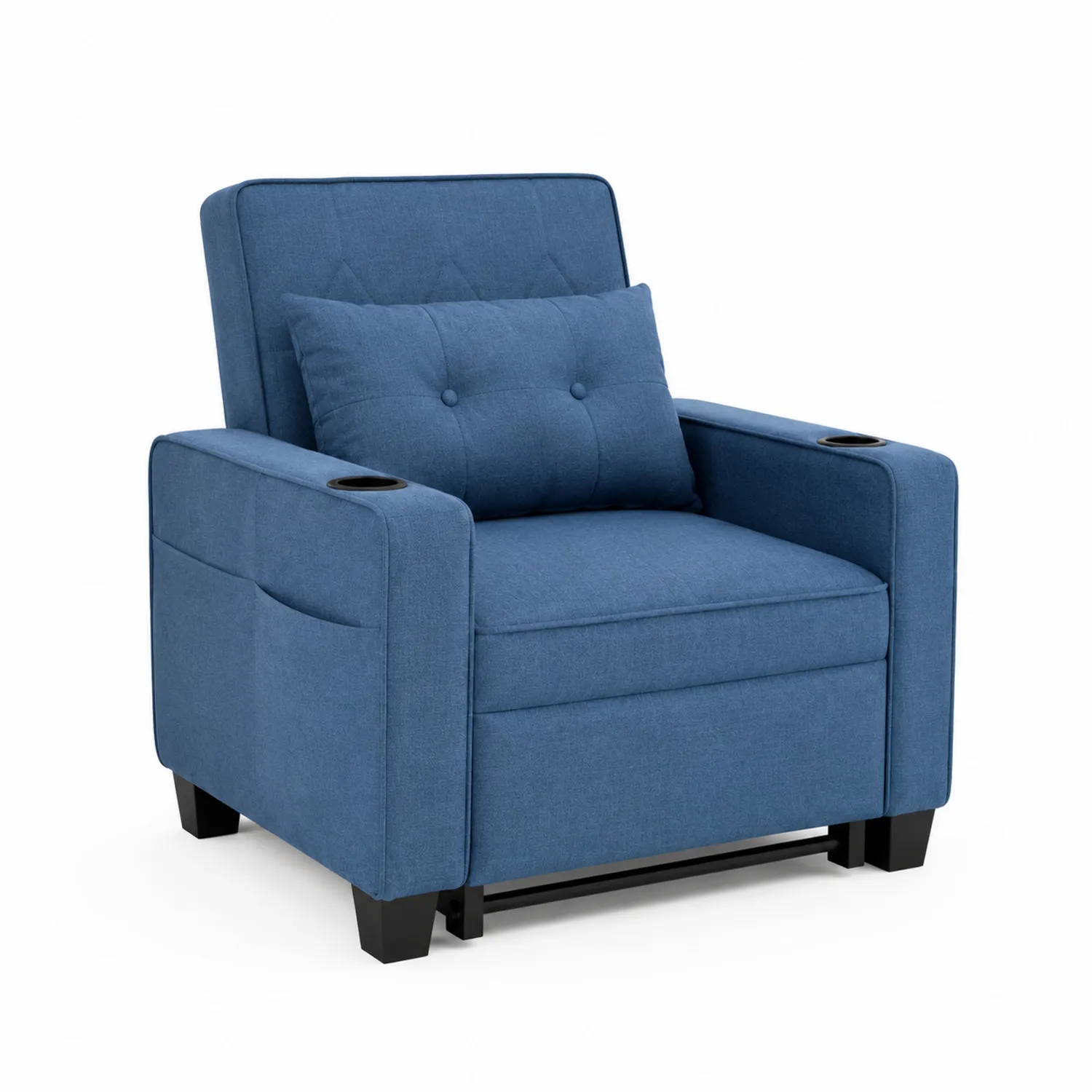 Poltrona reclinabile in tessuto blu con porta bicchieri