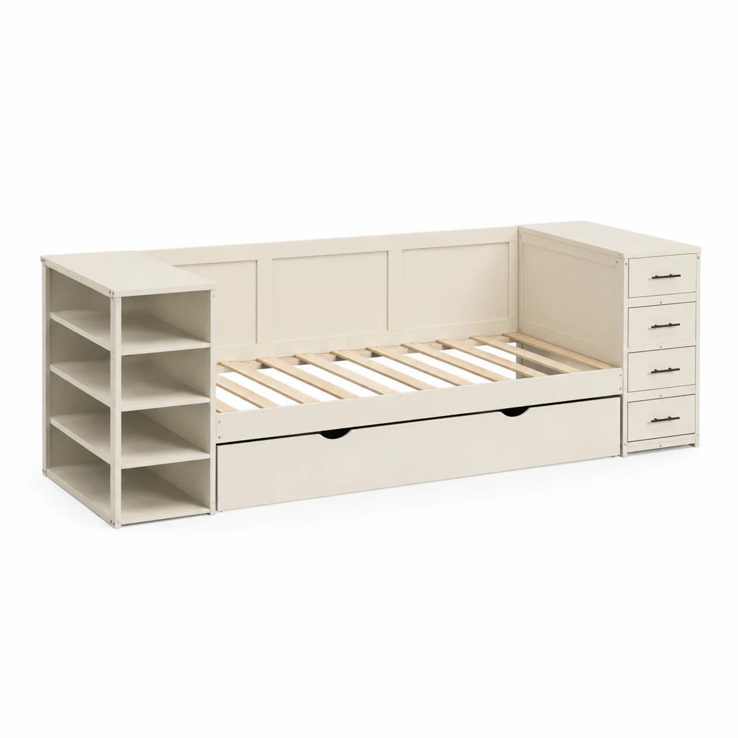Letto da giorno in legno con scaffali e cassetti Crema