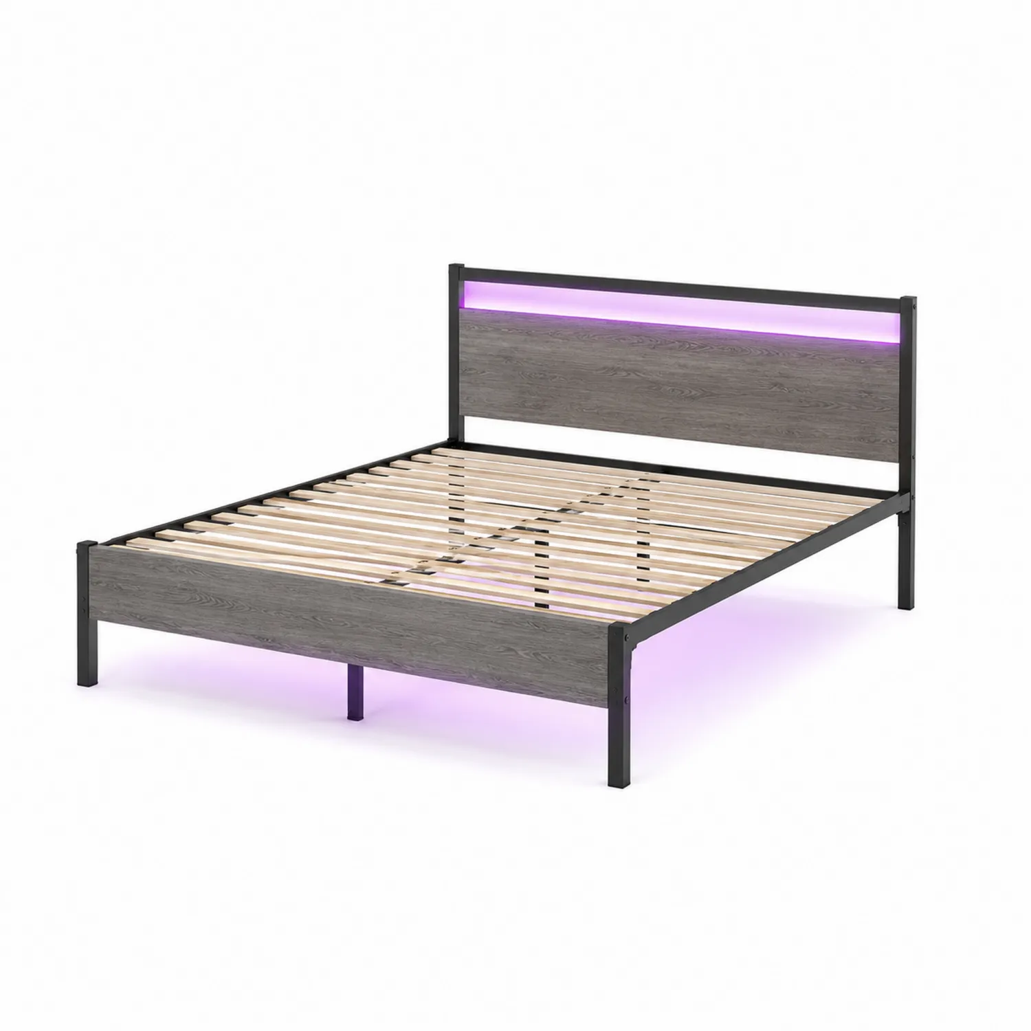Letto in Metallo e MDF con Luci LED, 200cm x 160cm, Grigio/Nero