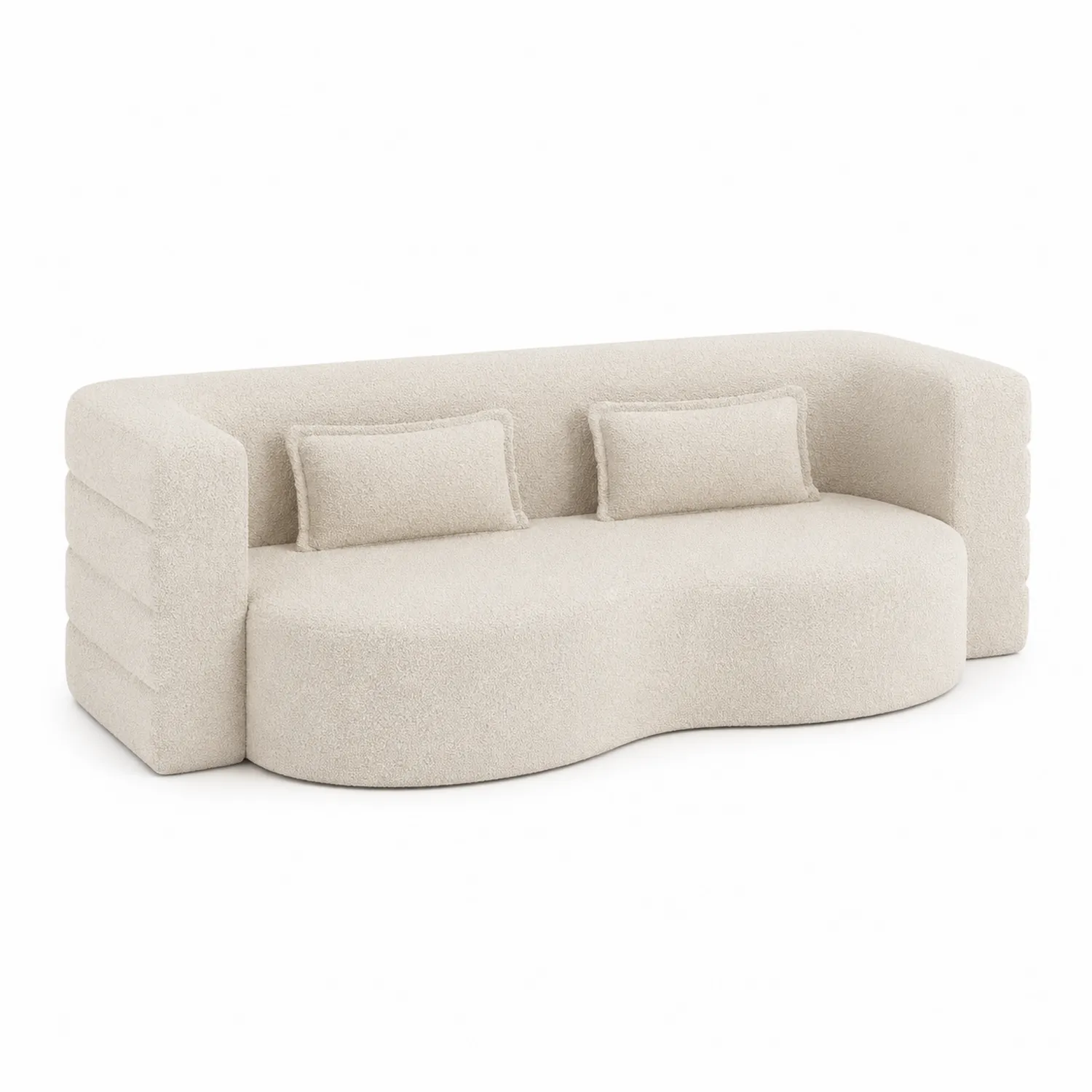 Divano Curvo in Bouclé Beige con Cuscini