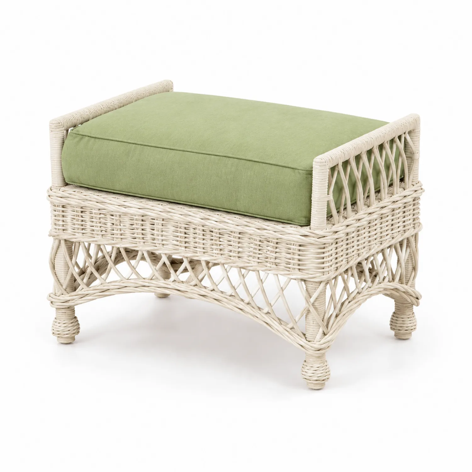Poggiapiedi in Rattan Sintetico con Cuscino in Tessuto Verde