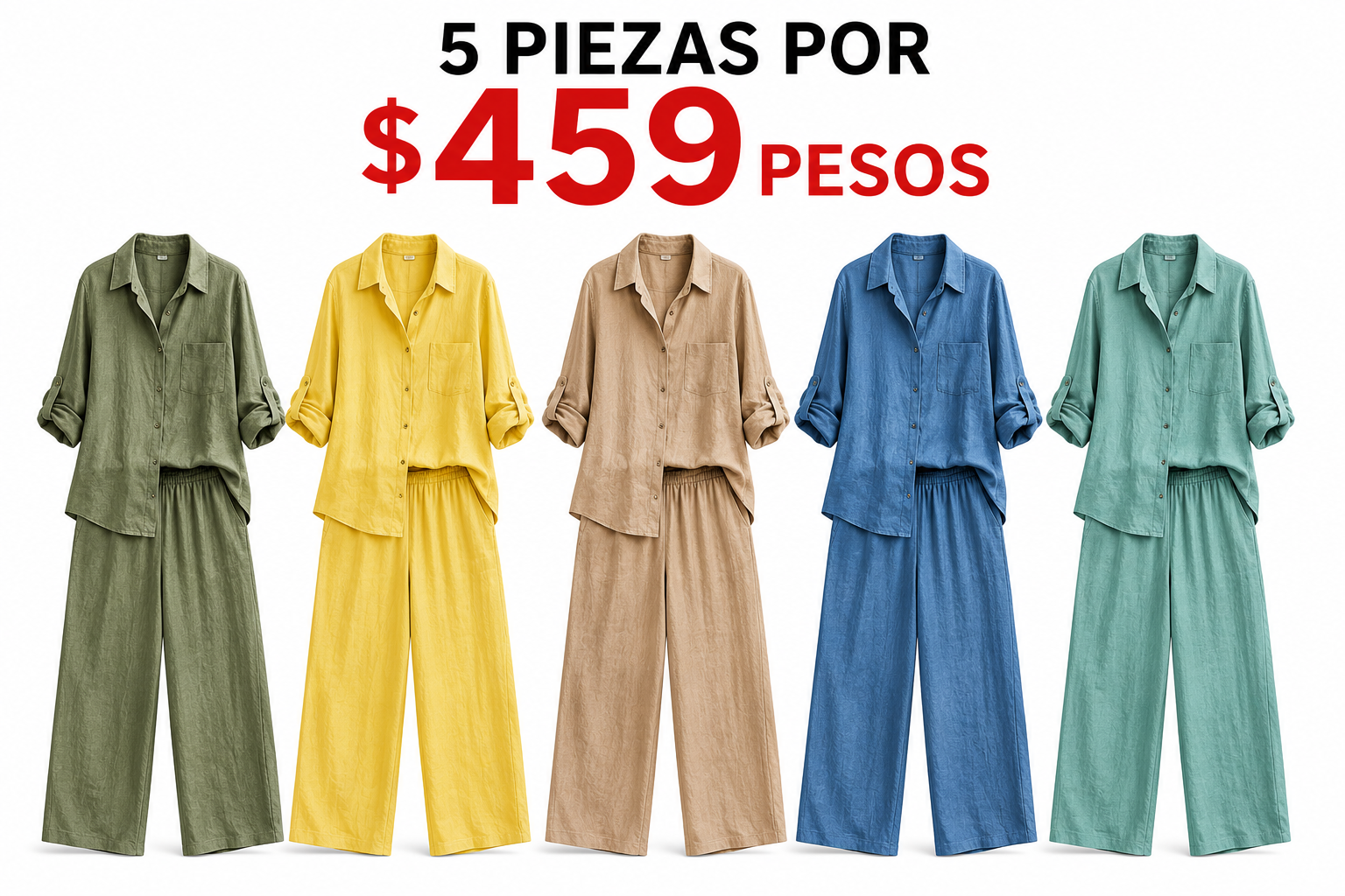 Conjunto de 2 piezas para mujer: camisa lisa y pantalón ancho | Cómodo y transpirable | Moda casual para primavera y otoño
