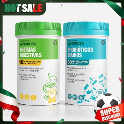Probióticos 60 Mil Millones + 16 Enzimas Digestivas con Jengibre y Menta Orgánica | Soporte Digestivo y Antioxidante Natural | Bienestar Diario en 60 Cápsulas | Windboss