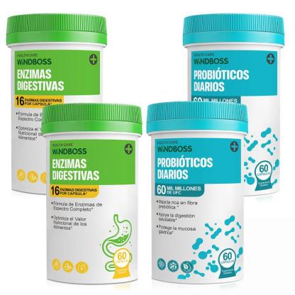 Probióticos 60 Mil Millones + 16 Enzimas Digestivas con Jengibre y Menta Orgánica | Soporte Digestivo y Antioxidante Natural | Bienestar Diario en 60 Cápsulas | Windboss