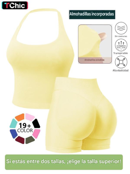 Conjuntos deportivos sin costuras para mujer, top halter y shorts deportivos fruncidos, ropa deportiva transpirable de secado rápido para yoga, gimnasio, entrenamiento y correr, ropa deportiva femenina para el verano.