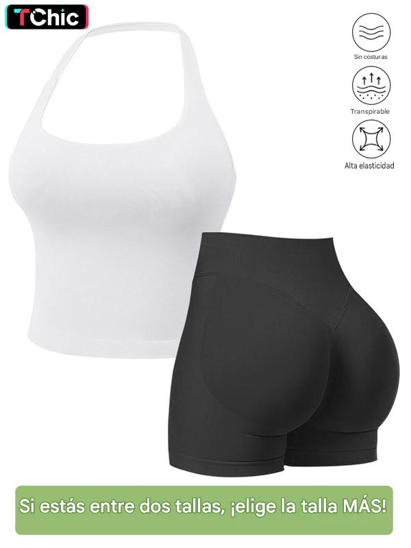 Conjuntos deportivos sin costuras para mujer, top halter y shorts deportivos fruncidos, ropa deportiva transpirable de secado rápido para yoga, gimnasio, entrenamiento y correr, ropa deportiva femenina para el verano.