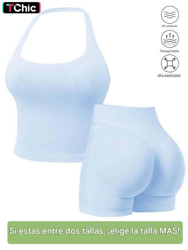 Conjuntos deportivos sin costuras para mujer, top halter y shorts deportivos fruncidos, ropa deportiva transpirable de secado rápido para yoga, gimnasio, entrenamiento y correr, ropa deportiva femenina para el verano.