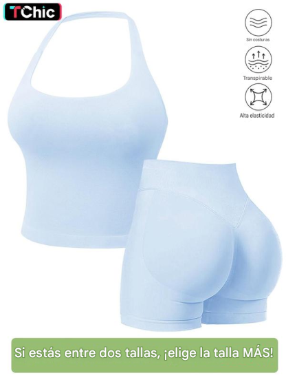 Conjuntos deportivos sin costuras para mujer, top halter y shorts deportivos fruncidos, ropa deportiva transpirable de secado rápido para yoga, gimnasio, entrenamiento y correr, ropa deportiva femenina para el verano.
