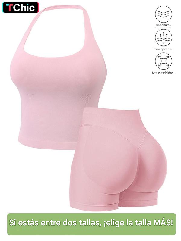 Conjuntos deportivos sin costuras para mujer, top halter y shorts deportivos fruncidos, ropa deportiva transpirable de secado rápido para yoga, gimnasio, entrenamiento y correr, ropa deportiva femenina para el verano.
