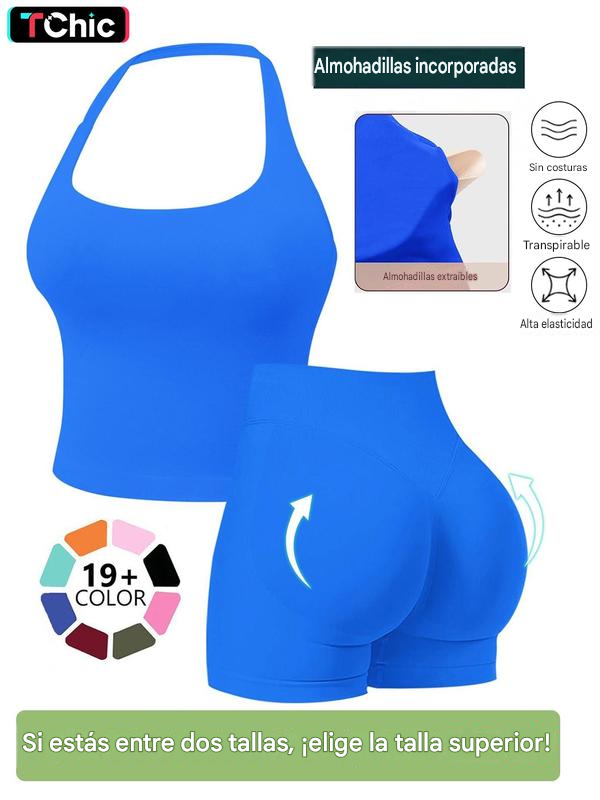 Conjuntos deportivos sin costuras para mujer, top halter y shorts deportivos fruncidos, ropa deportiva transpirable de secado rápido para yoga, gimnasio, entrenamiento y correr, ropa deportiva femenina para el verano.