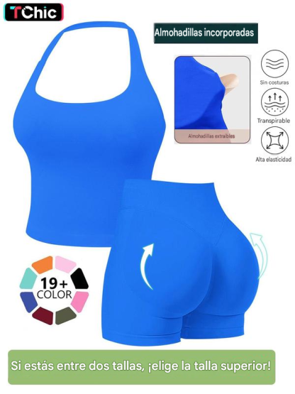 Conjuntos deportivos sin costuras para mujer, top halter y shorts deportivos fruncidos, ropa deportiva transpirable de secado rápido para yoga, gimnasio, entrenamiento y correr, ropa deportiva femenina para el verano.