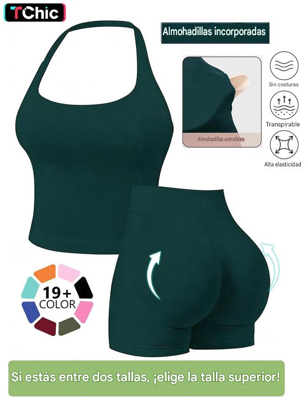 Conjuntos deportivos sin costuras para mujer, top halter y shorts deportivos fruncidos, ropa deportiva transpirable de secado rápido para yoga, gimnasio, entrenamiento y correr, ropa deportiva femenina para el verano.