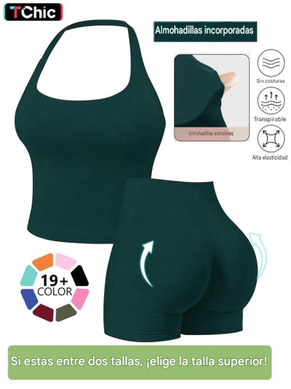 Conjuntos deportivos sin costuras para mujer, top halter y shorts deportivos fruncidos, ropa deportiva transpirable de secado rápido para yoga, gimnasio, entrenamiento y correr, ropa deportiva femenina para el verano.
