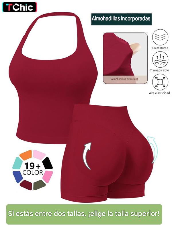 Conjuntos deportivos sin costuras para mujer, top halter y shorts deportivos fruncidos, ropa deportiva transpirable de secado rápido para yoga, gimnasio, entrenamiento y correr, ropa deportiva femenina para el verano.