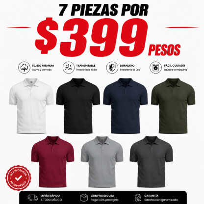 -Paquete de 7 Playeras Polo Multicolor para Hombre, 100% Algodón