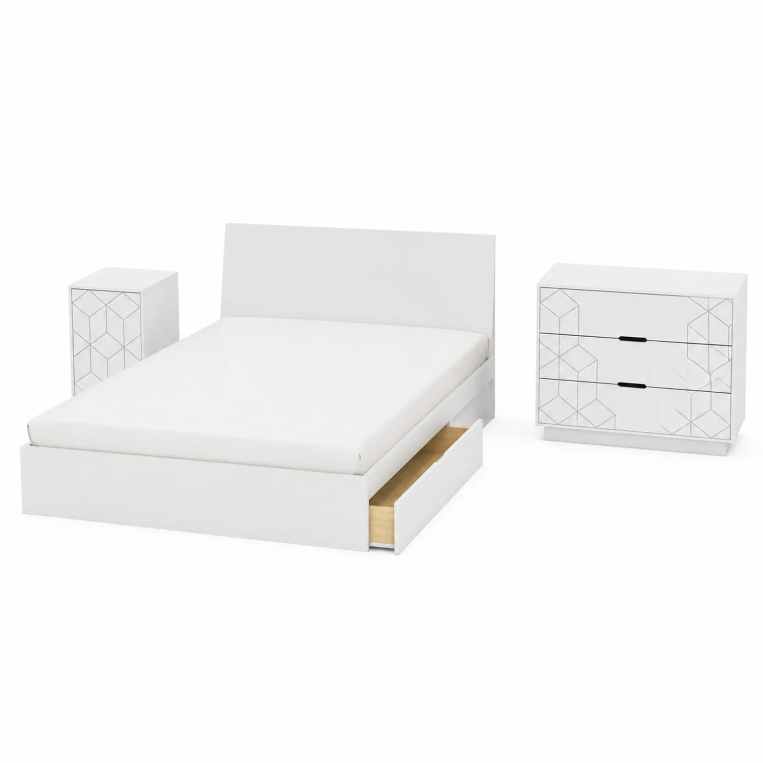 Ensemble de chambre avec bois blanc lit 140x200 cm et tables de chevet-Belcouratelier