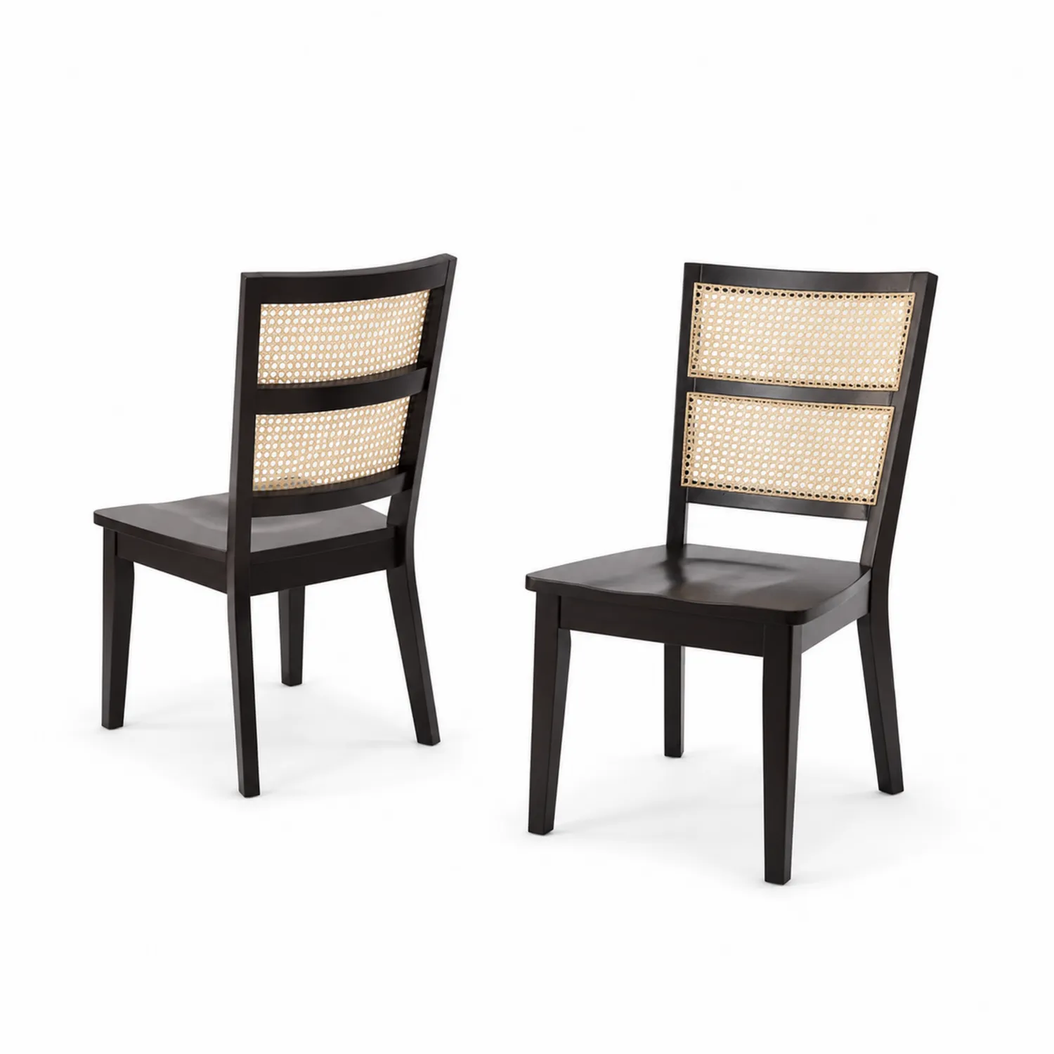 Chaises en bois avec dossier en rotin, lot de 2, Noir et Naturel-Belcouratelier