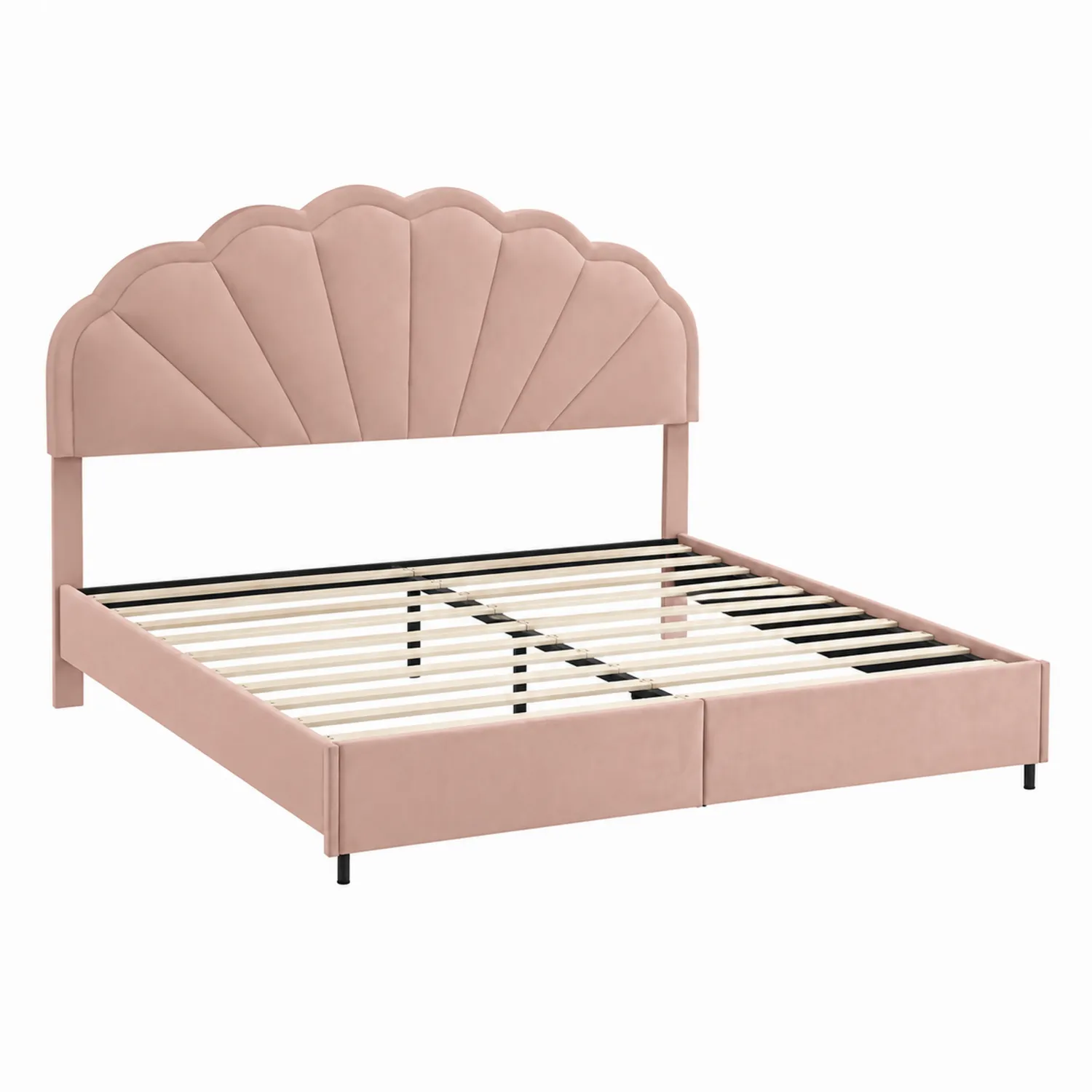 Lit double en velours avec tête de lit coquillage 160x200 cm Rose-Belcouratelier