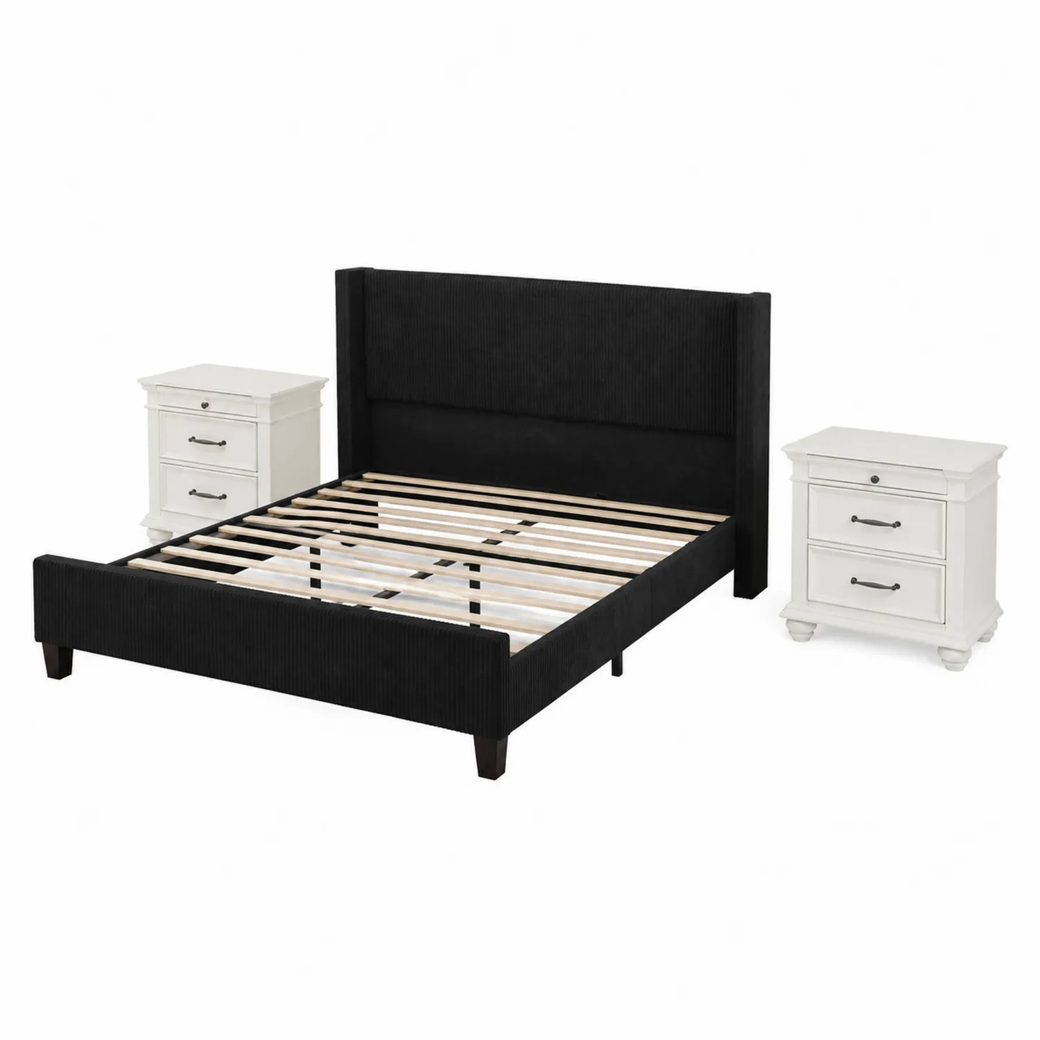 Lit double en bois avec tête de lit en tissu polyester et 2 tables de chevet blanches-Belcouratelier