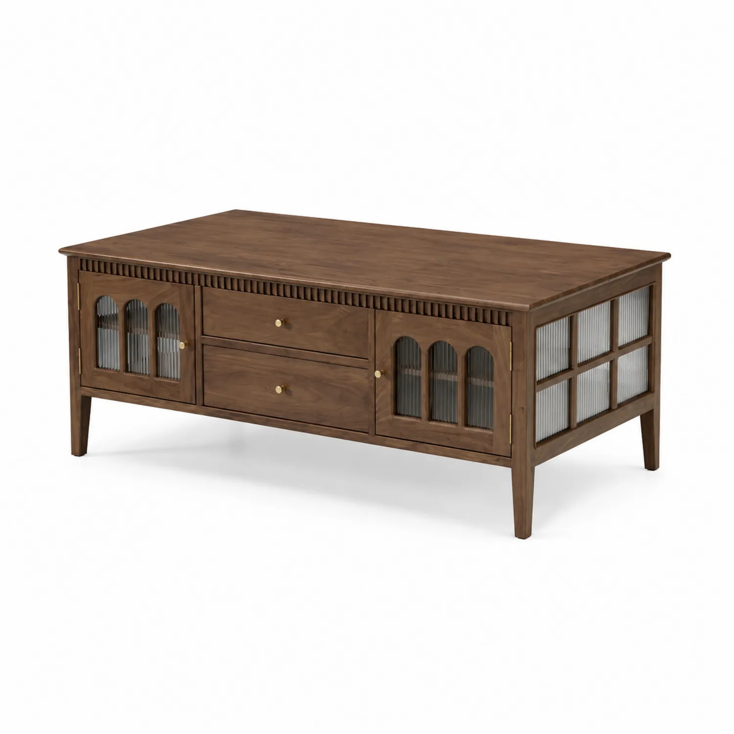 Table basse en bois avec portes en verre rainuré et tiroirs 120x60x45 cm Marron-Belcouratelier